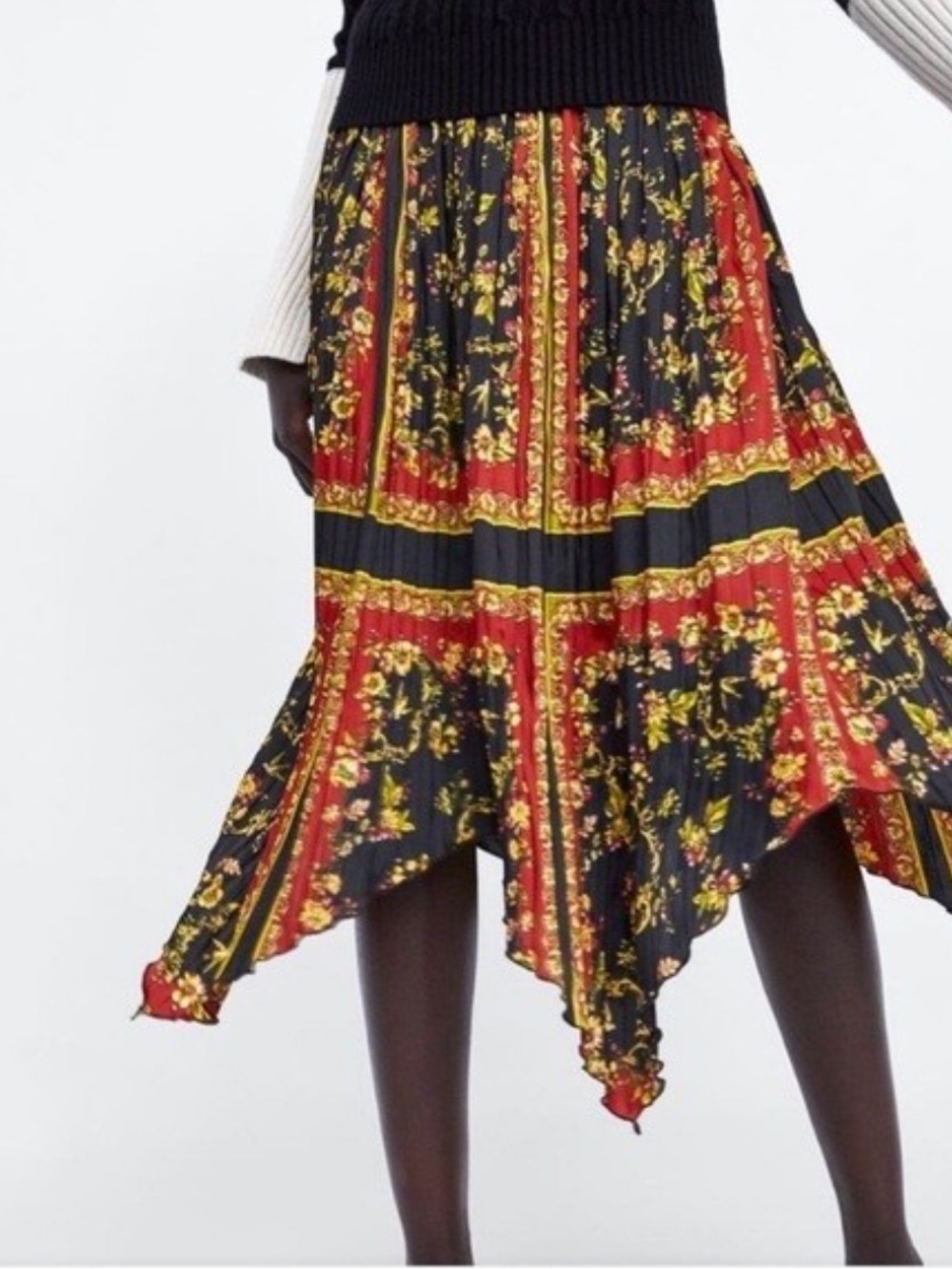 Zara Black, Red & Gold Asymmetrical Floral Pleated Skirt
